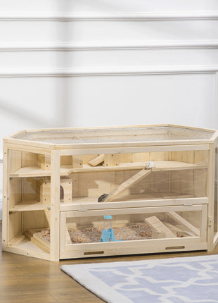Wooden Large Hamster Cage Small Animal Exercise Play House 3 Tier with Tray, Seesaws, Water Bottle, Activity Center, Natural