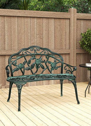 Outdoor Bench, Cast Aluminum Outdoor Furniture, Metal Bench with Floral Rose Accent & Antique Finish, Green