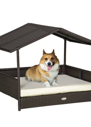 Wicker Dog House Outdoor with Canopy, Rattan Dog Bed with Water-resistant Cushion, Raised Dog Bed for Small, Medium Dogs up to 66 lbs, 19.75" in Length, Brown Wicker, White Cushion