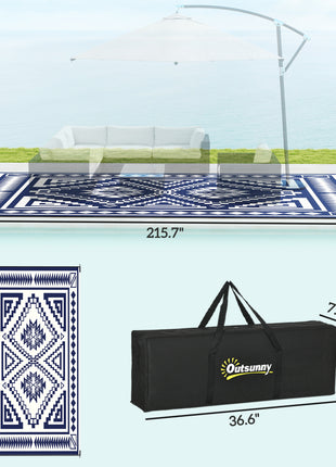 Reversible Outdoor Rug, Waterproof Plastic Straw with Carry Bag, 9' x 18', Blue & White Square Patchwork