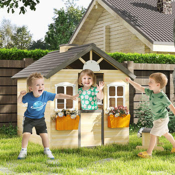 Wooden Playhouse for Kids Outdoor Garden Pretend Play Games, Adventures Cottage, with Working Door, Windows, Bench, Service Station, Flowers Pot Holder, for 3-7 Years Old