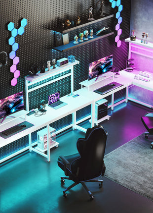 61.6" L Shaped Gaming Desk with Power Outlets & LED Lights, Computer Desk with Monitor Stand and CPU Shelf, White