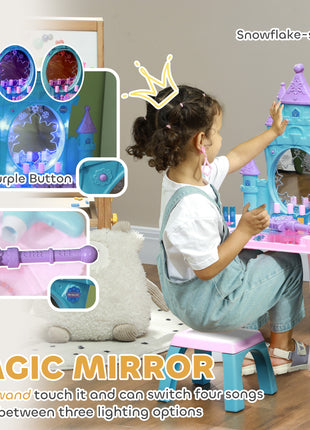 Kids Vanity Set with Mirror and Stool, Light, Music, Castle Design Makeup Table for Girls 3-6 Years, Multicolor