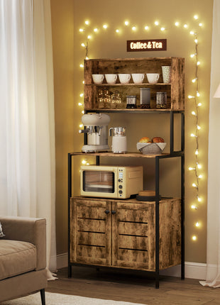Baker's Rack with Power Outlet and Storage Shelves, Microwave Stand with Louvred Door Cabinets, Rustic Brown