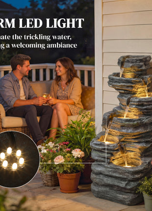 40" Tall Outdoor Waterfall Fountain with LED Lights, 6-Tier Cascading Waterfall Feature, Resin Garden Fountain, Gray