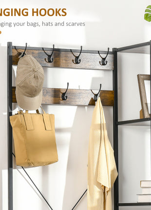Industrial Hall Tree with Side Storage Shelves, Entryway Bench with Coat Rack, Freestanding Coat Tree with Shoe Storage and Hooks, Rustic Brown