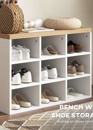 2-in-1 Coat Rack Shoe Bench Set, 5-Hook Hall Tree with Bench and Shoe Storage for 9 Pairs of Shoes for Entryway, Hallway, White