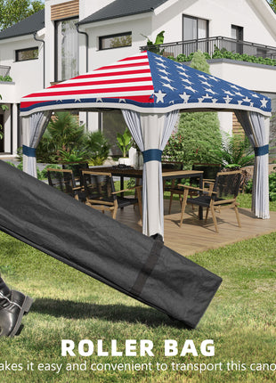10' x 10' Pop Up Canopy Tent with Netting, Instant Tents for Parties, Height Adjustable, with Wheeled Carry Bag and 4 Sand Bags for Outdoor, Garden, Patio, American Flag