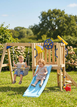 Swing Set for Backyard, Wooden Toddler Outdoor Playset with Baby Swing Seat, Kids Slide, Fort, Natural