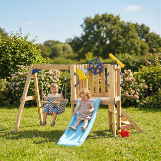 Swing Set for Backyard, Wooden Toddler Outdoor Playset with Baby Swing Seat, Kids Slide, Fort, Natural