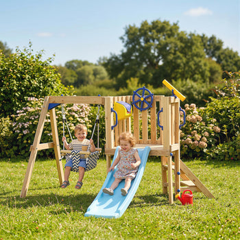 Swing Set for Backyard, Wooden Toddler Outdoor Playset with Baby Swing Seat, Kids Slide, Fort, Natural