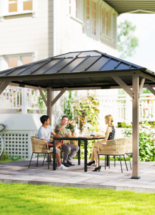 10' x 12' Hardtop Gazebo with Galvanized Steel Roof, UPF50+ Wood Permanent Pavilion with Clear Roof Top, Light Walnut