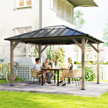 10' x 12' Hardtop Gazebo with Galvanized Steel Roof, UPF50+ Wood Permanent Pavilion with Clear Roof Top, Light Walnut