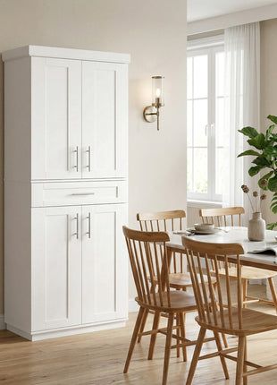 Modern Kitchen Pantry Freestanding Cabinet Cupboard with Doors and Drawer, Adjustable Shelving, White