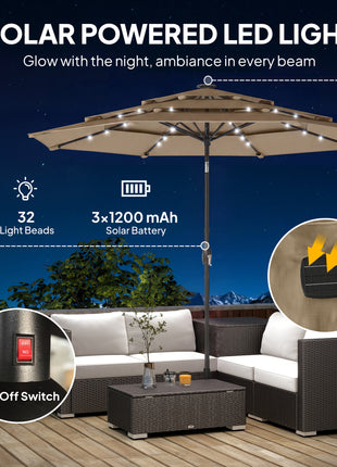 9.7 ft Outdoor Patio Umbrella with Solar LED Lights, 3 Tier Outdoor Table Umbrella with Tilt, Crank, Khaki