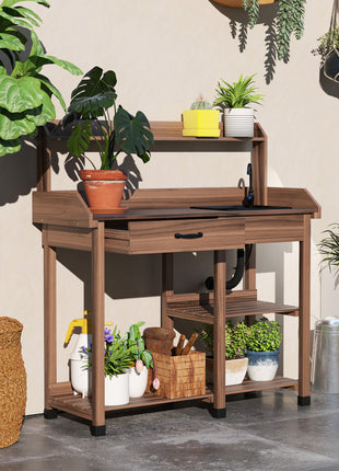 Potting Bench Table, Outdoor Garden Table Wooden Work Station with Removable Sink, Faucet, Drawer, Shelves, Hooks, Dark Brown