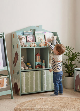 Kids Bookshelf with Storage, Toy Storage Unit with Book Display, Shelves and Fabric Drawers for Playroom Nursery, Green