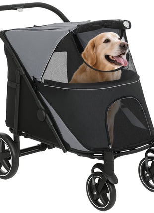 Dog Stroller for Large Medium Small Dogs up to 66 Lbs. 23.5" in Body Length, One-Click Foldable Pet Cat Stroller with Storage, Shock Absorption Wheels, Mesh Window, Safety Leash, Gray