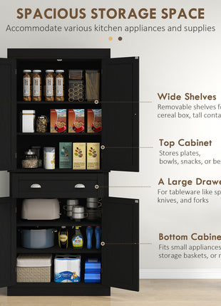 72.5" Kitchen Cabinet, Pantry Storage Cabinet with Doors and Shelves, Freestanding Food Pantry Cabinet, Black Wood Grain