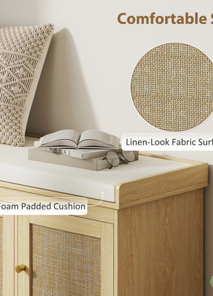Shoe Storage Bench with Woven Rattan Doors, Shoe Bench with Cushion, Adjustable Shelves, Entryway Bench, Oak Tone