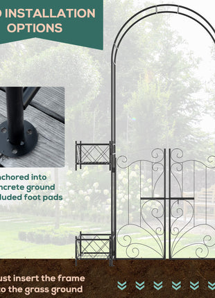 7' Garden Arch Arbor, Metal Arch Trellis with Gate, Garden Archway for Climbing Vines, Wedding Ceremony Decoration, Black
