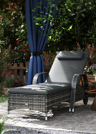 Outdoor Chaise Lounge, 5-Level Adjustable Backrest Rattan Pool Lounge Chair with Wheels, Cushion & Headrest, Gray