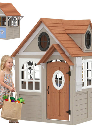 Outdoor Playhouse, Wooden Kids Playhouse with Dog Door, Cookware, Blackboard, Clock, Tic-Tac-Toe Roller for Backyard