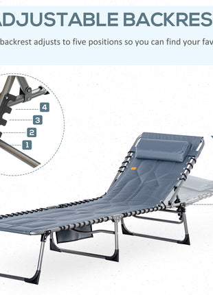Padded Folding Chaise Lounge Chair, Outdoor 6-Level Reclining Camping Tanning Chair with Headrest for Beach, Yard, Patio, Pool, Gray