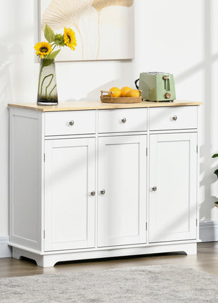 Modern Sideboard with Rubberwood Top, Buffet Cabinet with Storage Cabinets, Drawers and Adjustable Shelves, White