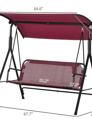 3-Person Porch Swing with Stand, Outdoor Swing for Patio Porch with Adjustable Tilt Canopy and Comfortable Swing Bench-Style Seat, Steel Frame, Wine Red