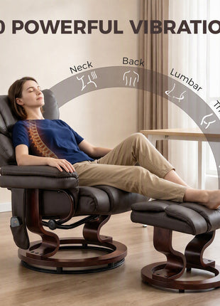 Massage Recliner Chair with Footrest, Swivel Armchair, Wrapped Wood Base, 10 Massage Points, Faux Leather, Brown