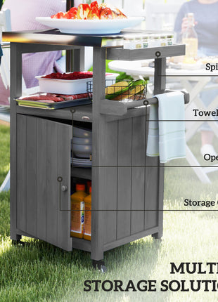 Outdoor Grill Cart with Stainless Steel Top, Solid Wood Outdoor Kitchen Island with Wheels, Integrated Hole, Dark Gray