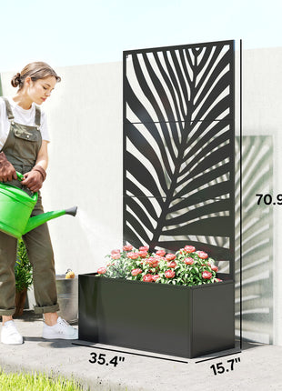 Metal Planter Box with Trellis, Raised Garden Bed with Trellis Large Leaf Cut-Out Privacy Screen for Climbing Plants