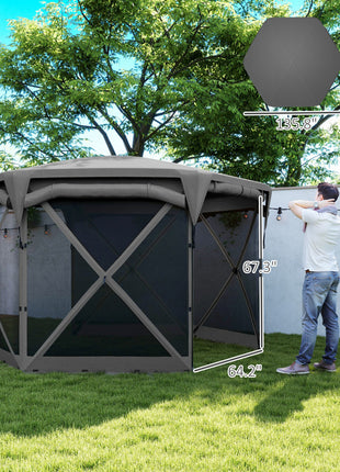 11 x 11ft Pop Up Gazebo Screen Tent with Removable Roof Cover, Roll-up Wind Panels for Camping, Backyard, Dark Gray