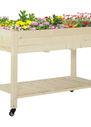 Raised Garden Bed, 47" x 22" x 33", Elevated Wooden Planter Box w/ Lockable Wheels, Storage Shelf, and Bed Liner for Backyard, Patio, Natural