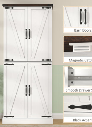72" Tall Kitchen Pantry Cabinet, Farmhouse Storage Cabinet with 8 Door Racks and Adjustable Shelves, White