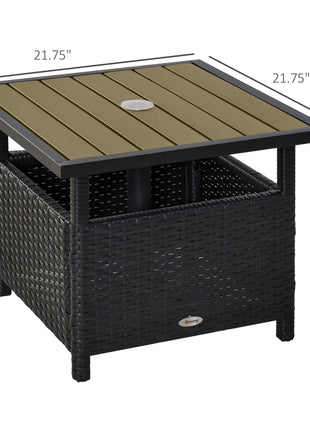 22" Outdoor Side Table with Umbrella Hole, Rattan Wicker End Table with Sand Bag and Steel Frame for Patio, Garden, Backyard, Black & Tan