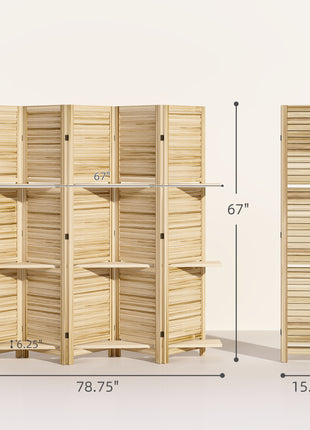 5 Panel 67" Tall Wood Privacy Screen Room Divider with 3 Shelves and Folding Storage for Bedroom, Natural Wood