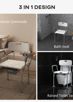3-in-1 Shower Chair with Back and Arms, Height Adjustable Bedside Commode, Raised Toilet Seat with Non-Slip Rubber Foot Pad for Seniors, Disabled, White