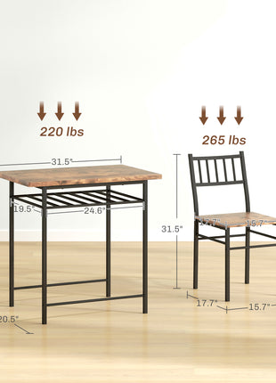3-Piece Small Dining Table Set for 2, Kitchen Table and Chairs with Storage Rack and Steel Frame, Brown