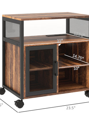 Printer Stand with Socket and USB Charging Ports, Industrial Mobile Printer Table with Storage and Wheels, Rustic Brown