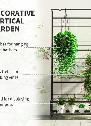 Metal Tall Plant Stand with Trellis and Hanging Bar, Plant Holder for Indoor Outdoor Use, 35" x 12.8" x 74", Black
