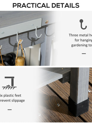Potting Bench Table, Outdoor Garden Table Wooden Work Station with Removable Sink, Faucet, Drawer, Shelves, Hooks, Gray