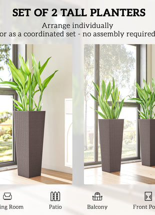 32 Inch Tall Planters for Outdoor Plants, Set of 2 Plastic Flower Pots with Drainage Holes, Brown
