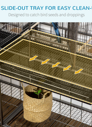 Rolling 65"L Bird Cage w/ Storage Shelf Wood Perch Food Container