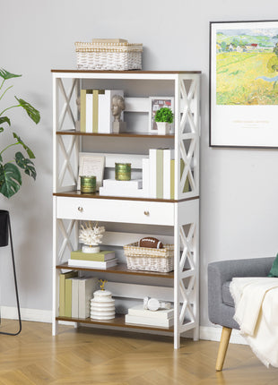 4-Tier Shelving Bookcase Storage Cupboard with Pull Out Drawer, and Wooden Frame with X Bar Stability, White