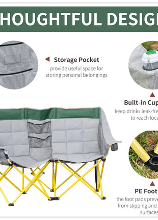 Loveseat Style Camping Chair, Oversized Folding Lawn Chair with Carry Bag & Cup Holders, for Outdoor, Beach, Picnic, Hiking, Travel, Green & Gray