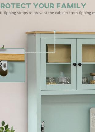 Kitchen Pantry Storage Cabinet with Microwave Stand, 71" Modern Kitchen Hutch with Open Countertop, Glass Doors, Storage Drawers and Adjustable Shelves for Dining Room, Coffee Bar, Light Green