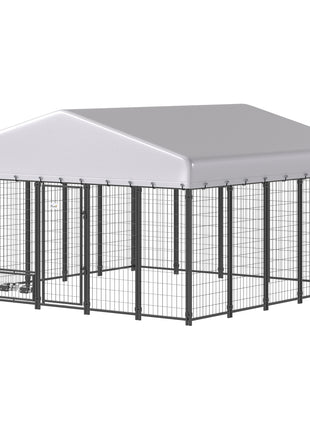 9.8' x 9.8' x 6' Outdoor Dog Kennel, Dog Kennel Outside Run with 360° Rotating Bowls, Waterproof & UV Resistant Cover
