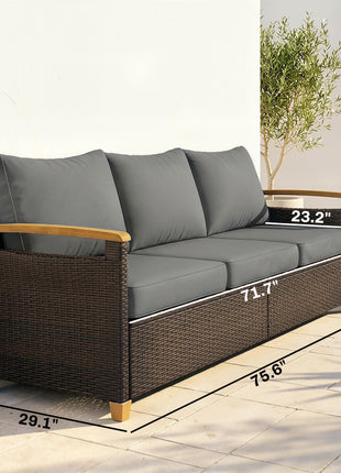 3 Seater Outdoor Couch Sofa, PE Wicker Patio Sofa, Wide Deep Seat, 4" Cushions, Wood-Effect Armrests Legs, Gray